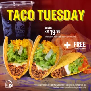 Fridays are for fun, but Tuesdays are for tacos! 🌮 

Get a FREE Taco Supreme with every Double Decker Taco Combo for only RM19.90.

Only on Taco Tuesdays!!

#TacoBell #TacoBellMalaysia #LiveMás