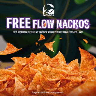 Craving them nachos? Ambik je! Enjoy free flow nachos on weekdays with any combo purchase, from 2pm to 6pm! It's time to lepak at Taco Bell!

#TacoBell #TacoBellMalaysia #LiveMás