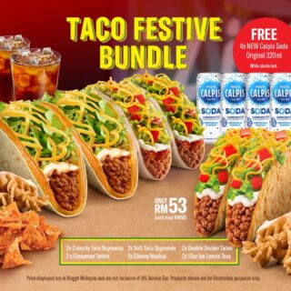 Tacos 🌮 for CNY? Why not - give mum a rest after cooking that big reunion dinner! ✨ Choose between our Festive and Extravaganza Bundles and get 4x 320ml Calpis Soda Originals for FREE with either bundle!

#TacoBell #TacoBellMalaysia #LiveMás