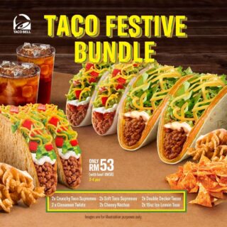Get ready to kick off the year-end celebrations with our sparkling ✨NEW ✨ Taco Festive Bundle! 🎉 It's ready for you to enjoy, whether you dine in or take it away – the perfect bundle awaits!

Get this taco feast, gather kengkawan korang and jom celebrate sama-sama! 🎊🥳

#TacoBell #TacoBellMalaysia #LiveMás

#TacoBell #TacoBellMalaysia #LiveMás