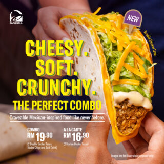 The Double Decker is HERE!! ✨✨

Crunchy shell taco with seasoned ground meat layered with creamy ranch sauce, fresh lettuce, and cheddar cheese wrapped in a soft tortilla with nacho cheese sauce. 

Lembut AND rangup, It’s memang the perfect combo!

Dapatkan sekarang! 🌮 💜