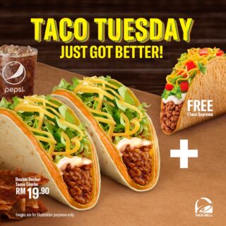 Double up your Taco Tuesday deal with the Double Decker Taco Combo and get a FREE Taco Supreme to seal the deal!

#TacoBell #TacoBellMalaysia #LiveMás
